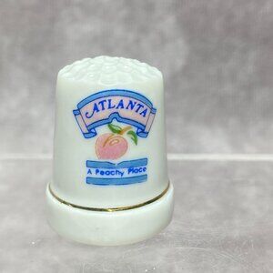 Atlanta Souvenir Thimble White Porcelain Gold Trim Peach Design, A Peachy Place